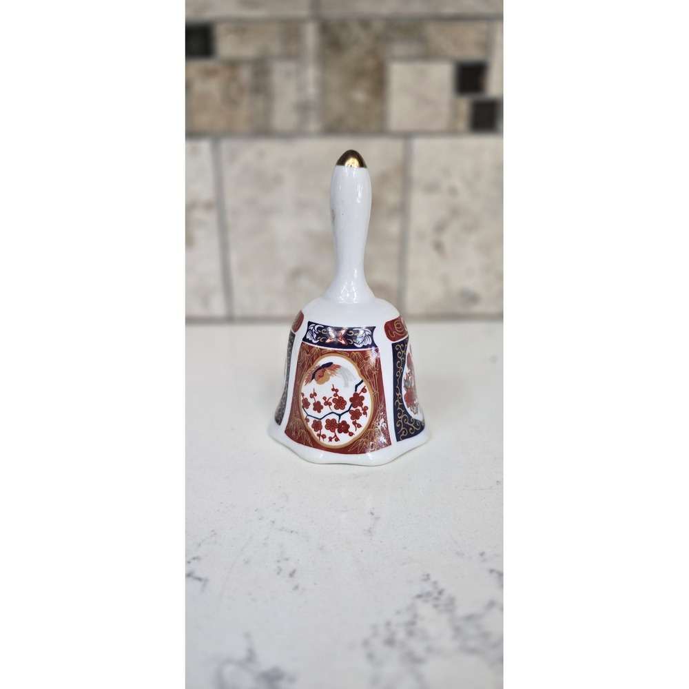 Vintage Imari Style Porcelain Floral Dinner Bell Red Navy Gold Chinoiserie Decor